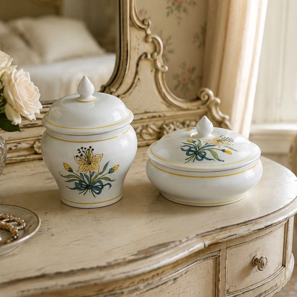 Pivato Nove Italy Pair Ceramic Lidded Vanity Jars Canisters Yellow Floral